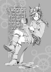 Rule 34 | 1girl, air shakur (umamusume), alternate costume, animal ears, belt, boots, crossed legs, cup, eyebrow piercing, gears, goggles, goggles on headwear, greyscale, grin, hat, highres, holding, holding cup, holding paper, horse ears, invisible chair, legwear garter, long hair, long sleeves, low ponytail, monochrome, paper, piercing, pouch, sharp teeth, shirt, shorts, sinnra art, sitting, smile, socks, solo, steampunk, teeth, umamusume
