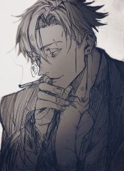 Rule 34 | 1boy, absurdres, cigarette, closed eyes, collared shirt, earrings, greyscale, highres, holding, holding cigarette, jewelry, jujutsu kaisen, large pectorals, long sleeves, male focus, monochrome, nanami kento, nekonii, open clothes, open shirt, pectorals, shirt, short hair, smoking, solo, upper body