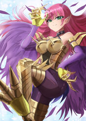 Rule 34 | 1girl, absurdres, armor, bare shoulders, boobplate, breastplate, breasts, claws, cyber slash harpie lady, duel monster, feathered wings, feathers, green eyes, hair between eyes, harpie lady, harpy, highres, large breasts, long hair, looking at viewer, misakura aoi, monster girl, pink hair, pointy ears, purple feathers, purple wings, simple background, solo, spiked armor, talons, white background, winged arms, wings, yu-gi-oh!