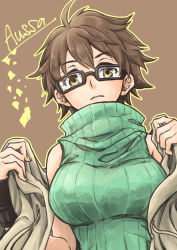Rule 34 | 1girl, alpha tama, aussa (yu-gi-oh!), aussa the earth charmer, bare shoulders, breasts, brown background, brown coat, brown eyes, brown hair, character name, closed mouth, coat, commentary request, duel monster, glasses, green sweater, hair between eyes, highres, holding, holding clothes, holding coat, large breasts, looking at viewer, off shoulder, outline, partial commentary, ribbed sweater, short hair, sidelocks, simple background, sleeveless, sleeveless sweater, sleeveless turtleneck, solo, standing, sweater, turtleneck, upper body, yu-gi-oh!