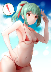 Rule 34 | !, 1girl, absurdres, bikini, blue sky, breasts, cloud, cowboy shot, green hair, hand on own hip, highres, houki (tonburi), kantai collection, leaning forward, long hair, looking at viewer, medium breasts, orange eyes, ponytail, red bikini, sky, small breasts, solo, spoken exclamation mark, swimsuit, yuubari (kancolle)