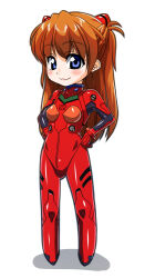 Rule 34 | 1girl, :3, blue eyes, bodysuit, breasts, chibi, closed mouth, collar, expressionless, full body, hair between eyes, hair ornament, hands on own hips, interface headset, kurowashi, long hair, looking at viewer, neon genesis evangelion, orange hair, pilot suit, plugsuit, red bodysuit, shiny clothes, simple background, skin tight, smile, solo, souryuu asuka langley, two side up, very long hair, white background, wide hips