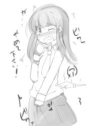Rule 34 | 1girl, blush, cowboy shot, embarrassed, fang, female focus, flat chest, greyscale, hand up, have to pee, japanese text, long hair, long sleeves, looking to the side, mechanical arm, mechanical arms, miniskirt, monochrome, necktie, nobiiru arm, nose blush, one eye closed, open mouth, original, pleated skirt, saliva, shirt, simple background, single mechanical arm, sketch, skirt, solo, standing, sweat, t=k, talking, tears, translation request, trembling, white background