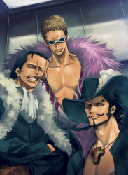 Rule 34 | 3boys, amputee, arisue kanako, ascot, black hair, blonde hair, chinstrap, cigar, coat, crocodile (one piece), cross, crossed arms, donquixote doflamingo, dracule mihawk, facial hair, feather boa, formal, fur coat, fur trim, hat, hook hand, jewelry, lining, long hair, male focus, manly, multiple boys, muscular, one piece, open clothes, pendant, popped collar, scar, serious, short hair, smoking, suit, sunglasses, topless male, yellow eyes