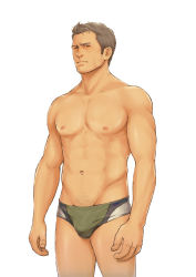 Rule 34 | 1boy, bara, chris redfield, male focus, muscular, pubic hair, resident evil, simple background, solo, underwear, white background