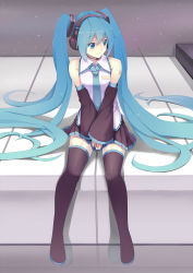 Rule 34 | 1girl, aqua eyes, aqua hair, blush, boots, detached sleeves, full body, hatsune miku, headphones, headset, highres, long hair, mini person, minigirl, necktie, piano keys, pleated skirt, sitting, skirt, sleeves past wrists, smile, solo, sonikey0 0, sparkle, thigh boots, thighhighs, twintails, v arms, very long hair, vocaloid