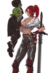 Rule 34 | 1boy, 1girl, abs, belt, breasts, cleavage, earrings, facial hair, fingerless gloves, formal, gloves, goblin, goblin male, gold teeth, greatsword, green eyes, hat, hat tip, highres, jewelry, large breasts, lifting person, long hair, mustache, necklace, original, ponytail, red hair, ring, shirt, suit, sword, tied shirt, toned, weapon, white background, yuritiaraha