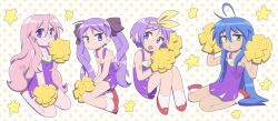 4girls absurdres ahoge artist_name blue_hair breasts cheerleader commentary dress evilfrap flat_chest glasses green_eyes hairband highres hiiragi_kagami hiiragi_tsukasa izumi_konata long_hair lucky_star multiple_girls pink_hair polka_dot polka_dot_background pom_pom_(cheerleading) purple_dress purple_eyes purple_hair round_eyewear seiza short_hair signature sitting small_breasts takara_miyuki twintails wariza watermark yellow_hairband