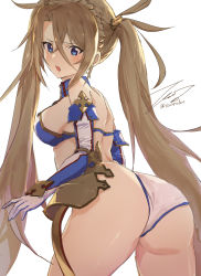 Rule 34 | 1girl, absurdres, armor, ass, bikini, blonde hair, blue eyes, bradamante (fate), bradamante (third ascension) (fate), braid, crown braid, elbow gloves, fate/grand order, fate (series), faulds, gloves, highres, long hair, looking back, open mouth, parted bangs, simple background, solo, swimsuit, tsuiru, twitter username, very long hair, white background