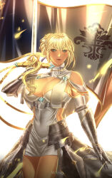 Rule 34 | absurdres, armor, armored skirt, artist name, azur lane, bare shoulders, blonde hair, blue eyes, blue gemstone, breast curtains, breasts, cleavage, commentary, cowboy shot, dress, english commentary, french flag, gauntlets, gem, gold trim, highres, holding, holding sword, holding weapon, iris libre (emblem), jeanne d&#039;arc (azur lane), large breasts, long hair, microdress, red lips, simple background, standing, sword, weapon, white background, white dress, wotengu