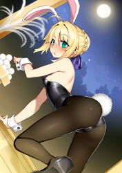Rule 34 | 1girl, all fours, animal ears, aqua eyes, artoria pendragon (all), artoria pendragon (fate), ass, bare shoulders, black footwear, blonde hair, blush, breasts, eating, fate (series), food, full moon, high heels, leotard, looking at viewer, mochi, moon, namonashi, night, night sky, playboy bunny, rabbit ears, rabbit tail, saber (fate), simple background, sky, small breasts, solo, tail, wrist cuffs
