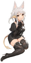 Rule 34 | 1girl, akizone, animal ears, au ra, warrior of light (ff14), black gloves, black thighhighs, breasts, brown eyes, cheeze (akizone), fictional persona, final fantasy, final fantasy xiv, finger to mouth, fingerless gloves, fingernails, full body, gloves, highres, index finger raised, large breasts, looking at viewer, original, short hair, shushing, sidelocks, simple background, solo, tail, thighhighs, thighs, white background, white hair