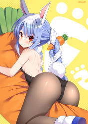 Rule 34 | 1girl, ass, bare shoulders, blue hair, blush, braid, breasts, cameltoe, carrot, from behind, hololive, huge ass, leotard, long hair, looking at viewer, looking back, mauve, multicolored hair, pantyhose, playboy bunny, rabbit ears, rabbit tail, red eyes, shiny clothes, shiny skin, sideboob, small breasts, solo, tail, twin braids, usada pekora, very long hair, virtual youtuber, white hair