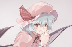 Rule 34 | 1girl, bat wings, blue hair, clenched hand, commentary request, grey background, grin, hand up, hat, hat ribbon, looking at viewer, medium hair, mob cap, pink hat, pink shirt, puffy sleeves, red eyes, red ribbon, remilia scarlet, ribbon, shiratama (hockey), shirt, simple background, smile, solo, touhou, traditional media, upper body, wings