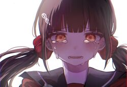 Rule 34 | 1girl, black sailor collar, blunt bangs, blush, brown eyes, commentary request, crying, danganronpa (series), danganronpa v3: killing harmony, hair ornament, hair scrunchie, hairclip, harukawa maki, highres, looking at viewer, lower teeth only, mole, mole under eye, portrait, red scrunchie, red shirt, ringo ame no ria, sailor collar, scrunchie, shirt, simple background, solo, tears, teeth, twintails, white background