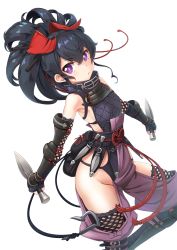 Rule 34 | 1girl, arm guards, bare shoulders, black gloves, black hair, black leotard, closed mouth, commentary request, dagger, dual wielding, elbow gloves, final fantasy, final fantasy brave exvius, fingerless gloves, gloves, groin, hair between eyes, hair ribbon, highres, holding, holding dagger, holding knife, holding weapon, knife, leotard, looking at viewer, original, puffy short sleeves, puffy sleeves, purple eyes, purple shorts, red ribbon, ribbon, shin guards, short sleeves, shorts, simple background, solo, standing, standing on one leg, vambraces, wapokichi, war of the visions: final fantasy brave exvius, weapon, white background