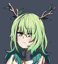 Rule 34 | 1girl, antlers, capelet, ceres fauna, ceres fauna (1st costume), closed mouth, commentary, dark green hair, ddolbang, expressionless, gradient hair, green eyes, green hair, grey background, hair between eyes, hair branch, hair over eyes, highres, hololive, hololive english, horns, leaf, looking to the side, medium hair, messy hair, mole, mole under eye, multicolored hair, simple background, two-tone hair, upper body, virtual youtuber, white capelet
