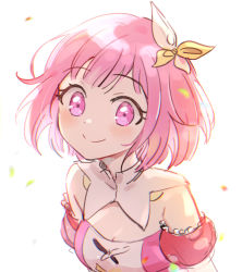 Rule 34 | 1girl, arms at sides, backlighting, bare shoulders, bow, breasts, cleavage, collarbone, detached collar, detached sleeves, dot nose, eyelashes, frilled sleeves, frills, hair bow, high collar, leaning forward, light blush, looking at viewer, motion blur, ootori emu, pink eyes, pink hair, pjmiyo, polka dot, polka dot sleeves, project sekai, puffy short sleeves, puffy sleeves, short hair, short sleeves, simple background, small breasts, smile, solo, strapless, striped, striped sleeves, tareme, two-tone bow, upper body, white background, white bow, yellow bow