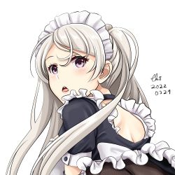 Rule 34 | 1girl, alternate costume, artist name, black dress, blush, brown eyes, conte di cavour (kancolle), dress, enmaided, kantai collection, long hair, looking back, maid, maid headdress, open mouth, puffy short sleeves, puffy sleeves, short sleeves, signature, silver hair, simple background, solo, tk8d32, upper body, white background