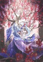 Rule 34 | 1girl, absurdres, alternate costume, arms up, ayaka (genshin impact), back bow, blue eyes, blue hair, blue kimono, blurry, bow, branch, canop s, closed mouth, depth of field, falling petals, floral print, flower, from side, genshin impact, glint, hair flower, hair ornament, high ponytail, highres, holding, holding sword, holding weapon, japanese clothes, kimono, light blue hair, long hair, long sleeves, looking at viewer, looking to the side, petals, pink flower, plum blossoms, print kimono, purple kimono, red flower, solo, sword, tree, twitter username, two-tone kimono, unsheathed, very long hair, weapon, wide sleeves