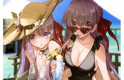 Rule 34 | 10s, 2girls, bb (fate), bb (fate/extra), black one-piece swimsuit, blurry, breasts, casual one-piece swimsuit, choker, cleavage, commentary request, day, depth of field, drink, drinking straw, dual persona, fate/extra, fate/extra ccc, fate (series), flower, food, glint, hair ribbon, hat, hat flower, hat ribbon, heart, heart-shaped eyewear, highres, hino hinako, large breasts, looking at viewer, looking over eyewear, looking over glasses, matou sakura, mouth hold, multiple girls, nail polish, one-piece swimsuit, outdoors, parted lips, pocky, purple eyes, purple hair, ribbon, ribbon choker, sun hat, sunglasses, swimsuit, tinted eyewear