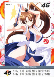 Rule 34 | 1girl, alternate color, bare shoulders, between breasts, blush, breasts, brown eyes, brown hair, cleavage, fatal fury, hand fan, highres, izumi mahiru, large breasts, long hair, ninja, non-web source, official art, pelvic curtain, ponytail, queen&#039;s blade, queen&#039;s gate, revealing clothes, scan, shiranui mai, simple background, solo, the king of fighters