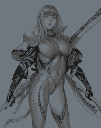 Rule 34 | 1girl, blunt bangs, bodysuit, breasts, covered navel, grey background, greyscale, holding, holding sword, holding weapon, homare (fool&#039;s art), large breasts, long hair, monochrome, parted lips, simple background, skin tight, solo, sword, weapon