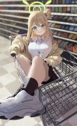 Rule 34 | 1girl, balenciaga, balenciaga triple s, black gloves, black socks, blue archive, blurry, brown hair, collared shirt, commentary request, depth of field, eyes visible through hair, fingerless gloves, gloves, green eyes, hair between eyes, hair bun, halo, highres, id card, in shopping cart, indoors, jacket, lanyard, long hair, long sleeves, looking at viewer, m.q (mqkyrie), nonomi (blue archive), plaid, plaid skirt, pleated skirt, school uniform, shirt, shoes, shopping cart, sidelocks, single side bun, sitting, skirt, smile, sneakers, socks, solo, supermarket, white footwear, yellow jacket
