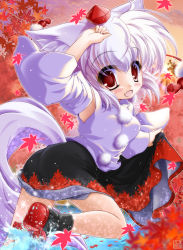 Rule 34 | 1girl, animal ears, autumn leaves, bare shoulders, blush, breasts, detached sleeves, fang, hand on own head, happy, hat, highres, holding, holding clothes, holding skirt, inubashiri momiji, iwaki hazuki, leaf, looking at viewer, medium breasts, open mouth, pom pom (clothes), red eyes, shirt, short hair, silver hair, skirt, skirt hold, solo, tail, tokin hat, touhou, water, white shirt, wolf ears, wolf tail