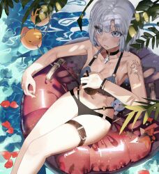 Rule 34 | 1girl, absurdres, belt, bikini, black bikini, black choker, black wristband, blush, bracelet, breasts, brown belt, choker, closed mouth, commentary, cross, cross choker, drinking straw, english commentary, feet out of frame, grey eyes, grey hair, hani haya, highres, holding, jewelry, looking at viewer, medium breasts, navel, o-ring, o-ring bikini, o-ring choker, original, petals, plant, red innertube, rope, rubber duck, short hair, shoulder tattoo, sitting, solo, swimsuit, tattoo, thigh belt, thigh strap, water