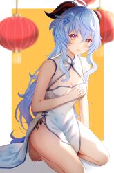 Rule 34 | 1girl, ahoge, alternate costume, barefoot, blue hair, blurry, blurry background, blush, breasts, chinese clothes, cleavage, commentary request, ganyu (genshin impact), genshin impact, goat horns, hair ornament, hand on own chest, highres, horns, kneeling, long hair, looking at viewer, medium breasts, nasii, purple eyes, revision, seiza, sidelocks, sitting, smile, solo