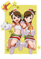 Rule 34 | 2girls, :d, alternate costume, bare shoulders, blush, boots, border, box, brown hair, christmas, collarbone, commentary request, flat chest, foot up, full body, fur-trimmed skirt, fur trim, futami ami, futami mami, gift, gift bag, gift box, gloves, grin, hair ornament, happy, hat, highres, idolmaster, knees together feet apart, looking at viewer, mappy (minogue), miniskirt, multiple girls, navel, one side up, open mouth, outstretched arm, pencil skirt, plaid, plaid skirt, pom pom (clothes), pom pom footwear, pom pom hair ornament, red eyes, red skirt, santa costume, santa hat, short hair, siblings, side-by-side, simple background, sisters, skirt, smile, star (symbol), swept bangs, twins, white border, white footwear, white gloves, yellow background