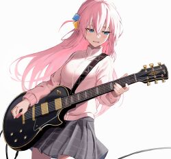 Rule 34 | 1girl, absurdres, blue eyes, blush, bocchi the rock!, cube hair ornament, electric guitar, franz2543, gibson les paul, gotoh hitori, grey skirt, guitar, hair between eyes, hair ornament, highres, holding, holding instrument, instrument, jacket, long hair, music, one side up, open mouth, pink hair, pink jacket, playing instrument, pleated skirt, simple background, skirt, solo, track jacket, white background