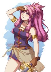 Rule 34 | 1girl, adricarra, armlet, artist name, bare shoulders, breasts, cleavage, fingerless gloves, fire emblem, fire emblem: the sacred stones, gloves, highres, holding, holding sword, holding weapon, long hair, looking up, marisa (fire emblem), medium breasts, nintendo, open mouth, pink eyes, pink hair, ponytail, sidelocks, solo, sweatdrop, sword, thighlet, weapon