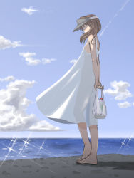 Rule 34 | 10s, 1girl, arms behind back, ass, bad id, bad pixiv id, bag, bare arms, bare shoulders, barefoot, brown eyes, brown hair, cloud, day, diffraction spikes, dress, flat ass, flat chest, from side, furukawa herzer, grocery bag, highres, kantai collection, looking at viewer, ocean, outdoors, ryuujou (kancolle), see-through silhouette, shopping bag, sky, sleeveless, sleeveless dress, smile, solo, sparkle, sundress, twintails, visor cap, wind