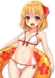 Rule 34 | 1girl, :d, bikini, blonde hair, blush, breasts, chiroshiron, collarbone, cowboy shot, dutch angle, floral print, front-tie bikini top, front-tie top, hair ribbon, highres, holding, holding swim ring, innertube, looking at viewer, navel, open mouth, red eyes, red ribbon, ribbon, rumia, short hair, side-tie bikini bottom, simple background, small breasts, smile, solo, string bikini, swim ring, swimsuit, touhou, white background, white bikini