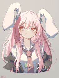 1girl animal_ears baronilu black_jacket blush carrot_pin closed_mouth collared_shirt commentary crescent crescent_pin cropped_torso grey_background highres jacket light_smile long_hair looking_to_the_side necktie off_shoulder pink_hair rabbit_ears red_eyes red_necktie reisen_udongein_inaba shirt sidelocks simple_background solo touhou white_shirt