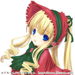 Rule 34 | 00s, 15citron, 1girl, blonde hair, bonnet, bow, bowtie, dress, drill hair, frills, green bow, green bowtie, looking at viewer, lowres, red dress, rozen maiden, shinku, sidelocks, simple background, solo, text focus, twin drills, twintails, white background