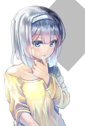 Rule 34 | 1girl, blue eyes, blue hair, blush, collarbone, commentary, cream, cream on face, finger in own mouth, food, food on face, hair between eyes, hairband, long sleeves, medium hair, one side up, original, shirt, simple background, solo, upper body, white background, white shirt, windfeathers