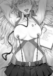 Rule 34 | absurdres, anchor symbol, bad id, bad pixiv id, breasts, breasts apart, breasts out, chain, dawalixi, greyscale, highres, large breasts, long hair, monochrome, nipple piercing, nipples, open mouth, piercing, solo, tongue, tongue out, warship girls r