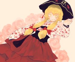 Rule 34 | 1girl, alternate costume, alternate hairstyle, blonde hair, bow, colored eyelashes, floral background, floral print, flower, hair bow, hair up, hanbok, hat, highres, honi (honix3), jeonmo, korean clothes, looking at viewer, obi, pink background, pink flower, pink rose, red skirt, rose, rose background, sash, short hair with long locks, skirt, smile, solo, touhou, yakumo yukari