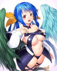 Rule 34 | 1girl, :d, asymmetrical wings, bare shoulders, blue hair, blush, bow, breasts, cleavage, dizzy (guilty gear), female focus, guilty gear, hair bow, hair ribbon, hand on own chest, large breasts, long hair, looking at viewer, navel, onsoku inu, open mouth, red eyes, ribbon, simple background, smile, solo, tail, tail ornament, tail ribbon, thighhighs, twintails, underboob, white background, wings