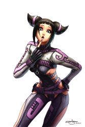 Rule 34 | 1girl, bent over, biker clothes, bikesuit, black hair, bodysuit, breasts, capcom, cropped jacket, drill hair, han juri, hand on own hip, highres, hip focus, leaning forward, lips, omar dogan, pouch, purple eyes, short hair, sideboob, signature, solo, street fighter, street fighter iv (series), twin drills, zipper