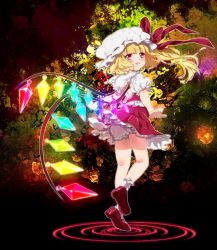 Rule 34 | 1girl, ascot, backless outfit, blonde hair, bloomers, capelet, female focus, flandre scarlet, glowing, glowing wings, hat, hat ribbon, looking at viewer, looking back, open mouth, pink eyes, poko (mammypoko), ribbon, shirt, side ponytail, skirt, skirt set, smile, solo, touhou, underwear, vest, waves, wind, wind lift, wings