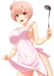 1girl absurdres apron apron_lift blush breasts clothes_lift collarbone commentary_request covered_erect_nipples covered_navel cowboy_shot hair_bun highres holding holding_ladle inanaki_shiki ladle large_breasts lifting_own_clothes looking_at_viewer naked_apron open_mouth orange_eyes orange_hair pink_apron short_hair sideboob simple_background single_hair_bun solo standing white_background yahari_ore_no_seishun_lovecome_wa_machigatteiru. yuigahama_yui