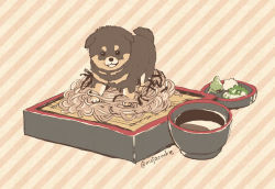 Rule 34 | animal focus, bowl, dog, food, food focus, mojacookie, no humans, noodles, sauce, shiba inu, signature, soba, spring onion, striped, striped background, twitter username, wasabi
