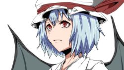 Rule 34 | 1girl, bat wings, blue hair, close-up, hat, highres, mob cap, potato pot, red eyes, remilia scarlet, short hair, simple background, solo, touhou, white background, wings