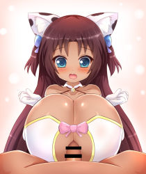 Rule 34 | 1girl, animal print, bare shoulders, bell, blue bow, blue eyes, blush, bow, breasts, breasts squeezed together, brown hair, cat girl, censored, cleavage, cleavage cutout, clothing cutout, collar, commission, commissioner upload, cow print, dark skin, dress, elbow gloves, gloves, hair bow, hair ornament, halterneck, huge breasts, kane-neko, long hair, naomi minette, open mouth, oppai loli, original, paizuri, paizuri under clothes, penis, petite, pink bow, pov, shiny skin, solo focus, standing, surprised, tight clothes, two side up, upper body, wavy mouth, white gloves