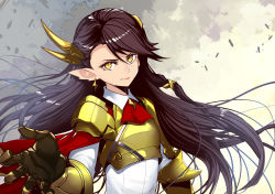 Rule 34 | 1girl, armor, black hair, earrings, gauntlets, headwear request, highres, jewelry, light smile, long hair, looking at viewer, pixiv fantasia, pixiv fantasia t, pointy ears, realmbw, smile, solo, waechter, yellow eyes