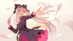 Rule 34 | 1girl, :d, armband, black bow, black hairband, bow, breasts, destiny (takt op.), dress, frilled sleeves, frills, gradient background, grey hair, grey shirt, hair bow, hairband, holding, holding wand, long hair, long sleeves, mimengfeixue, open mouth, outstretched arm, paper, red skirt, shirt, skirt, small breasts, smile, solo, takt op., very long hair, wand, white hair, yellow background, yellow eyes